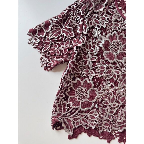 ELIZABETH AND JAMES Bates Bordeaux Maroon Silver Winter Lace Blouse, Size M - Picture 9 of 15